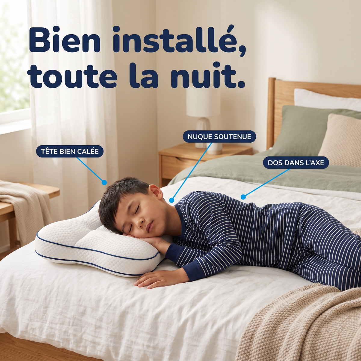 Tête calée, nuque soutenue, dos dans l'axe